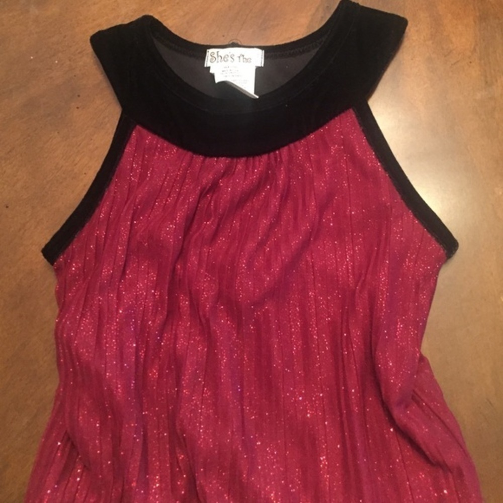 Girls fully lined sparkly red dress, velvet top